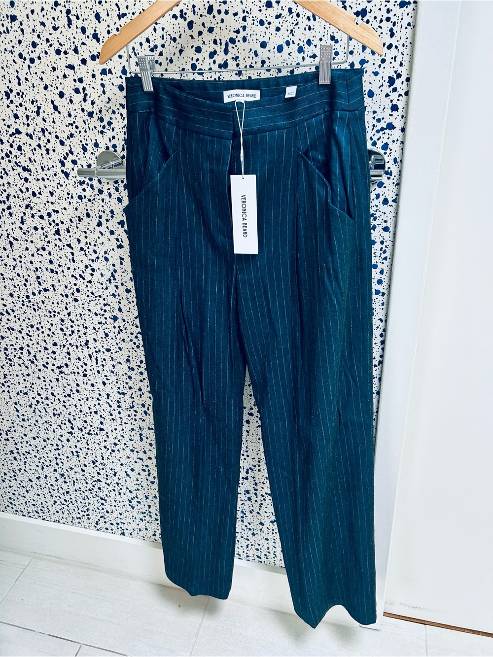 Veronica Bears Rimini trouser pant in blue/dove pinstripe, size 8, NWT